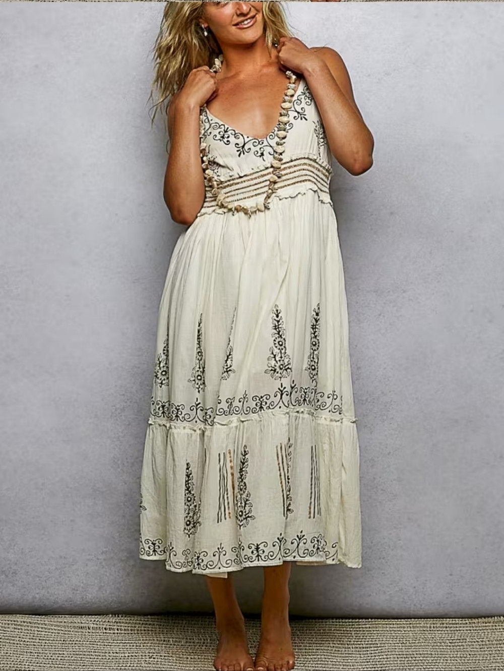 NS62.POL Bohemian Cream Embroidered  Summer Tiered Maxi Dress